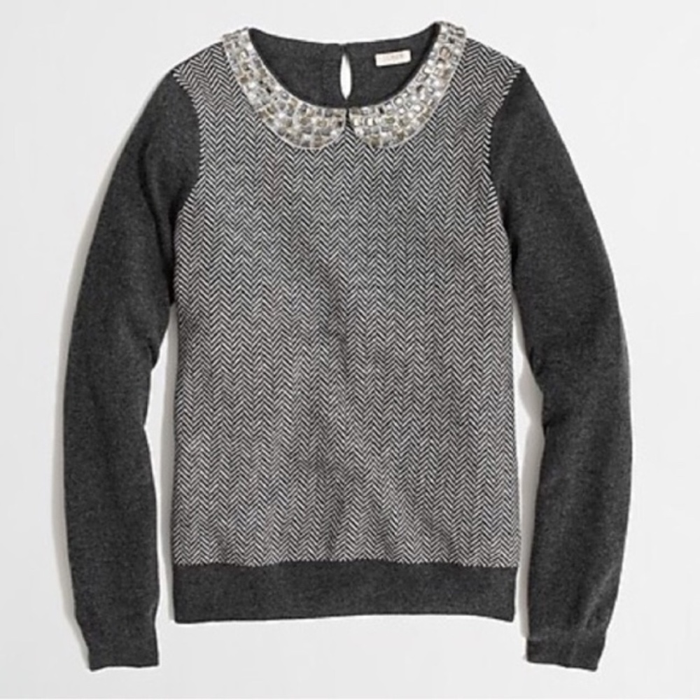J.Crew Women's Jewel Peter Pan Collar Herringbone Gray Sweater Merino Wool Small